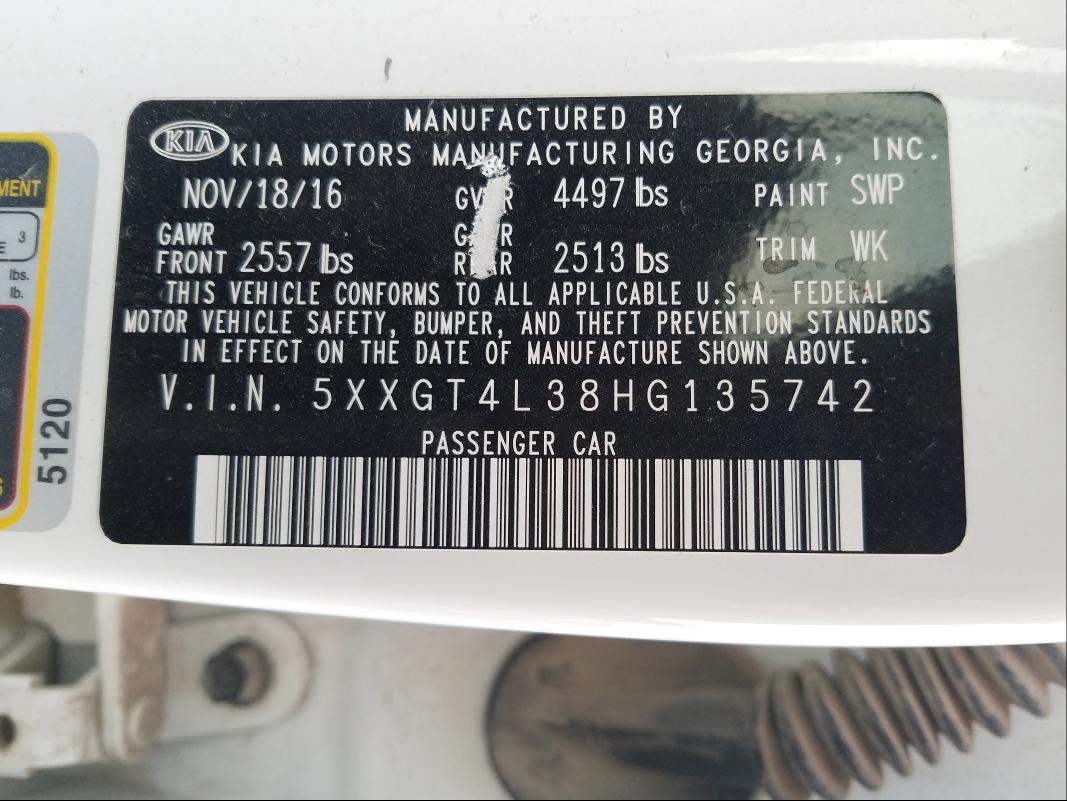 Photo 9 VIN: 5XXGT4L38HG135742 - KIA OPTIMA LX 