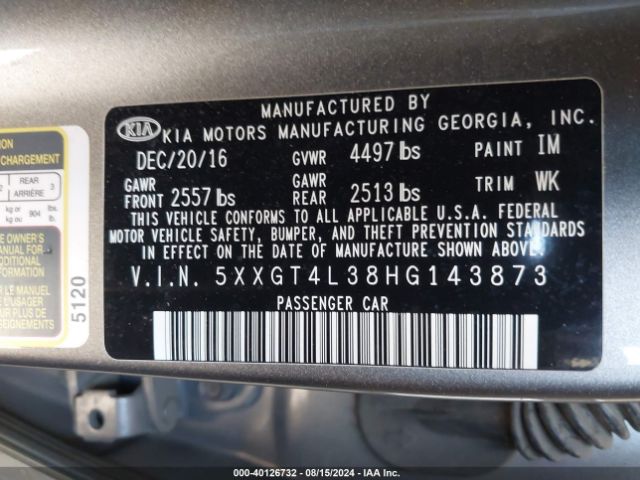 Photo 8 VIN: 5XXGT4L38HG143873 - KIA OPTIMA 