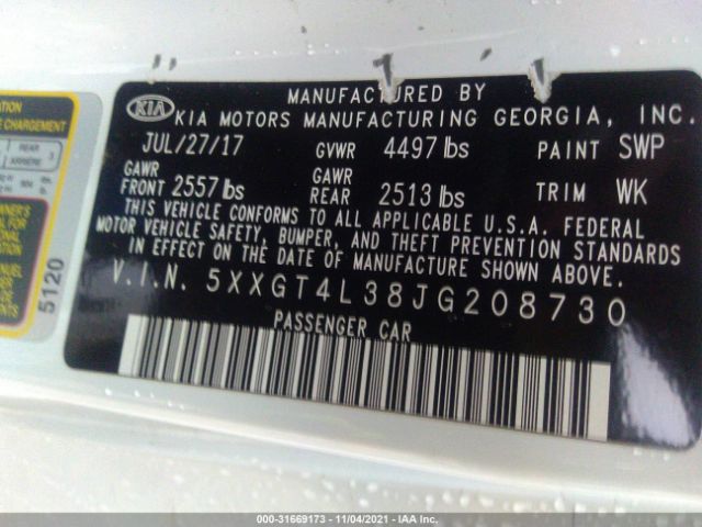 Photo 8 VIN: 5XXGT4L38JG208730 - KIA OPTIMA 