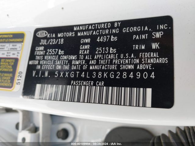 Photo 8 VIN: 5XXGT4L38KG284904 - KIA OPTIMA 