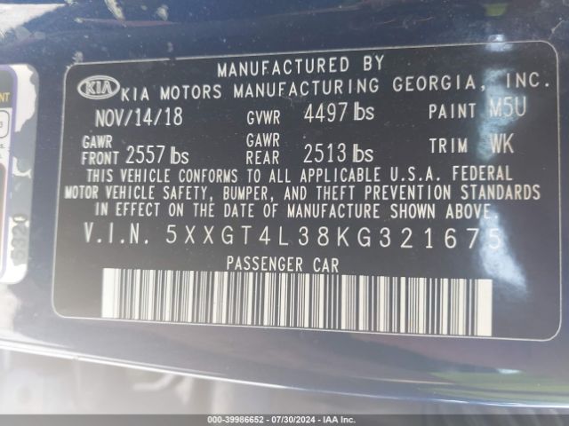 Photo 8 VIN: 5XXGT4L38KG321675 - KIA OPTIMA 