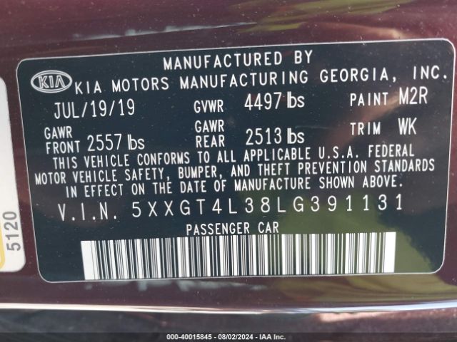 Photo 8 VIN: 5XXGT4L38LG391131 - KIA OPTIMA 