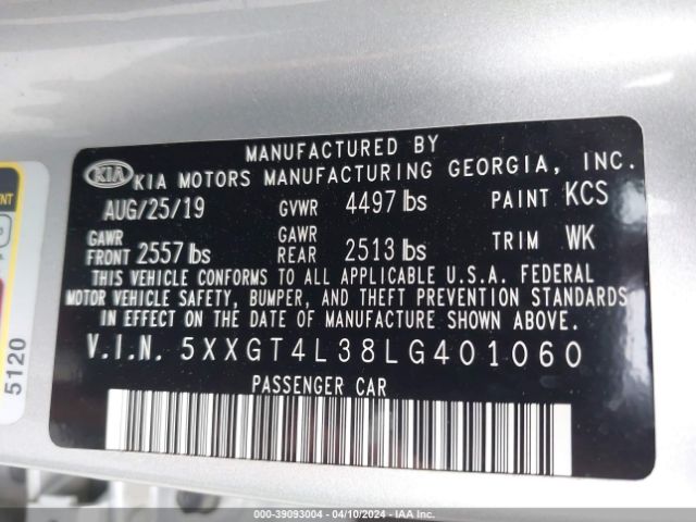 Photo 8 VIN: 5XXGT4L38LG401060 - KIA OPTIMA 