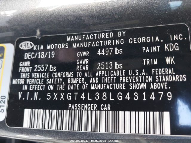 Photo 8 VIN: 5XXGT4L38LG431479 - KIA OPTIMA 