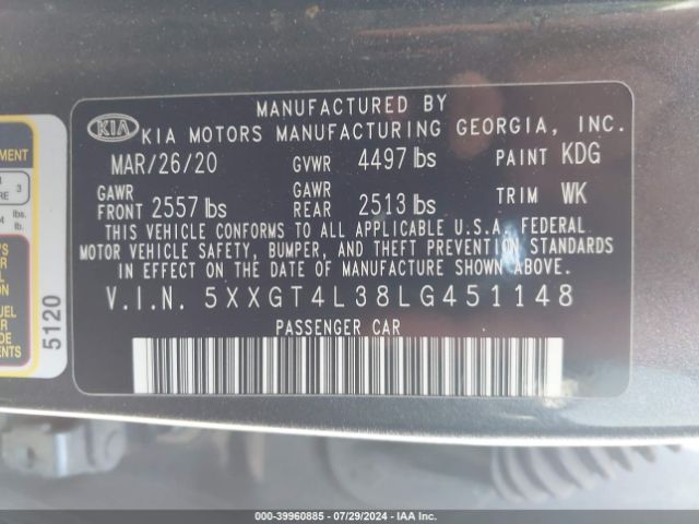 Photo 8 VIN: 5XXGT4L38LG451148 - KIA OPTIMA 