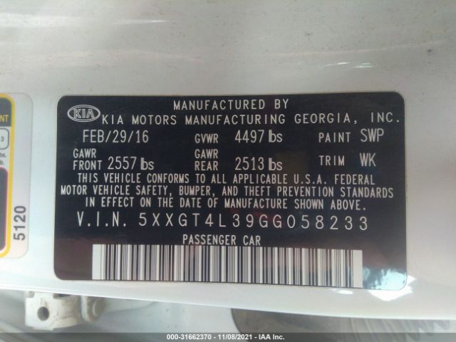 Photo 8 VIN: 5XXGT4L39GG058233 - KIA OPTIMA 