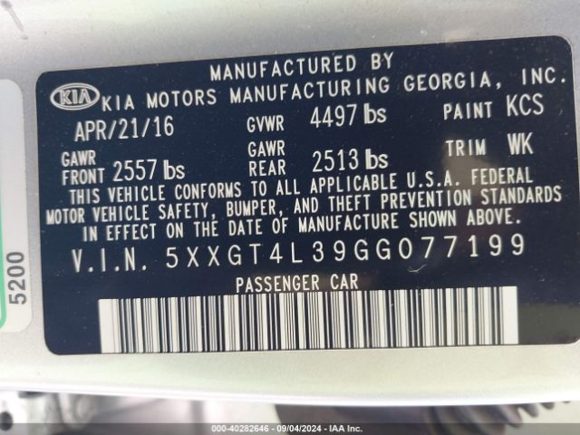 Photo 8 VIN: 5XXGT4L39GG077199 - KIA OPTIMA 