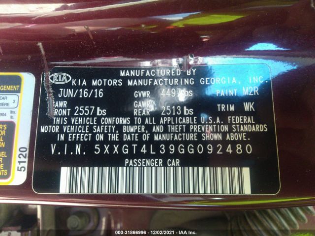 Photo 8 VIN: 5XXGT4L39GG092480 - KIA OPTIMA 