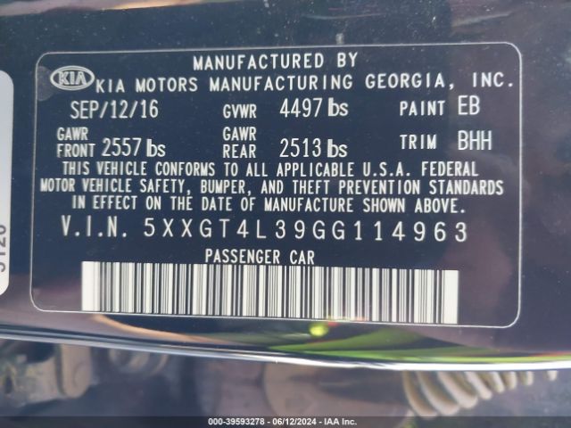 Photo 8 VIN: 5XXGT4L39GG114963 - KIA OPTIMA 