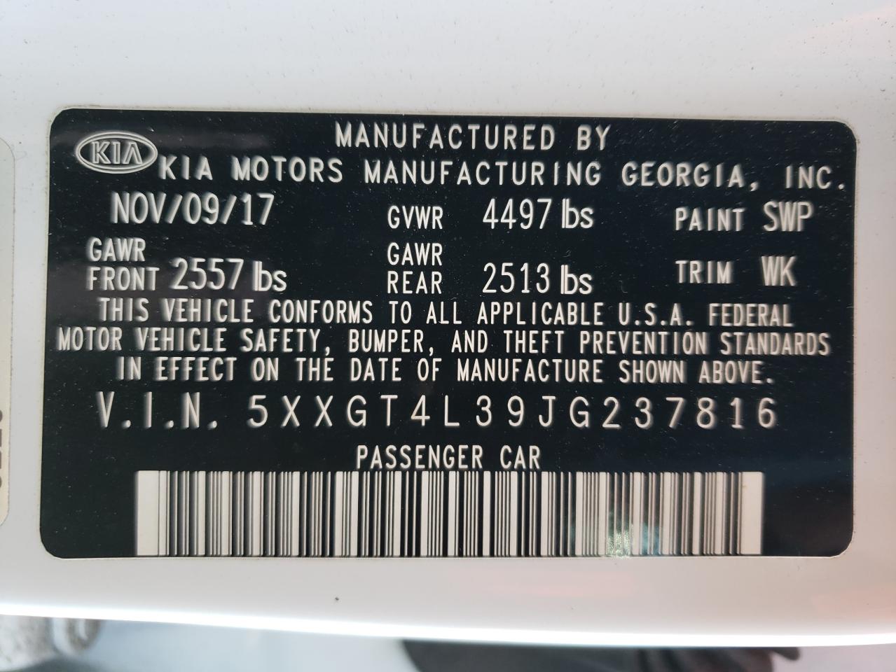 Photo 12 VIN: 5XXGT4L39JG237816 - KIA OPTIMA 