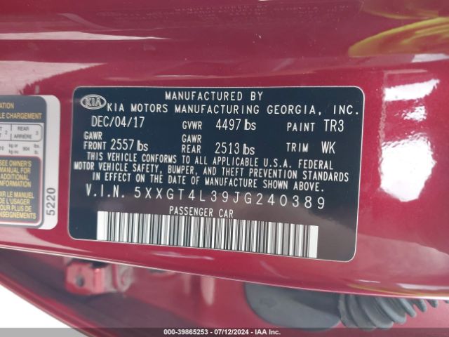 Photo 8 VIN: 5XXGT4L39JG240389 - KIA OPTIMA 