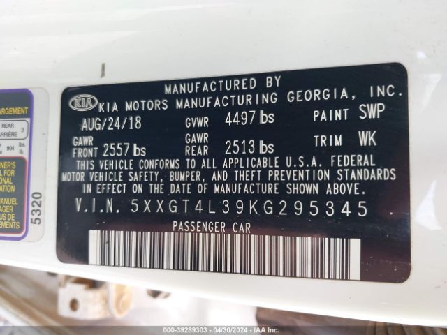 Photo 8 VIN: 5XXGT4L39KG295345 - KIA OPTIMA 