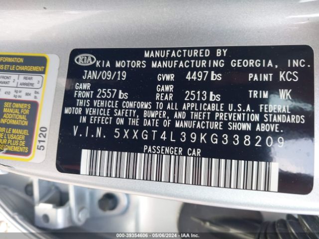 Photo 8 VIN: 5XXGT4L39KG338209 - KIA OPTIMA 