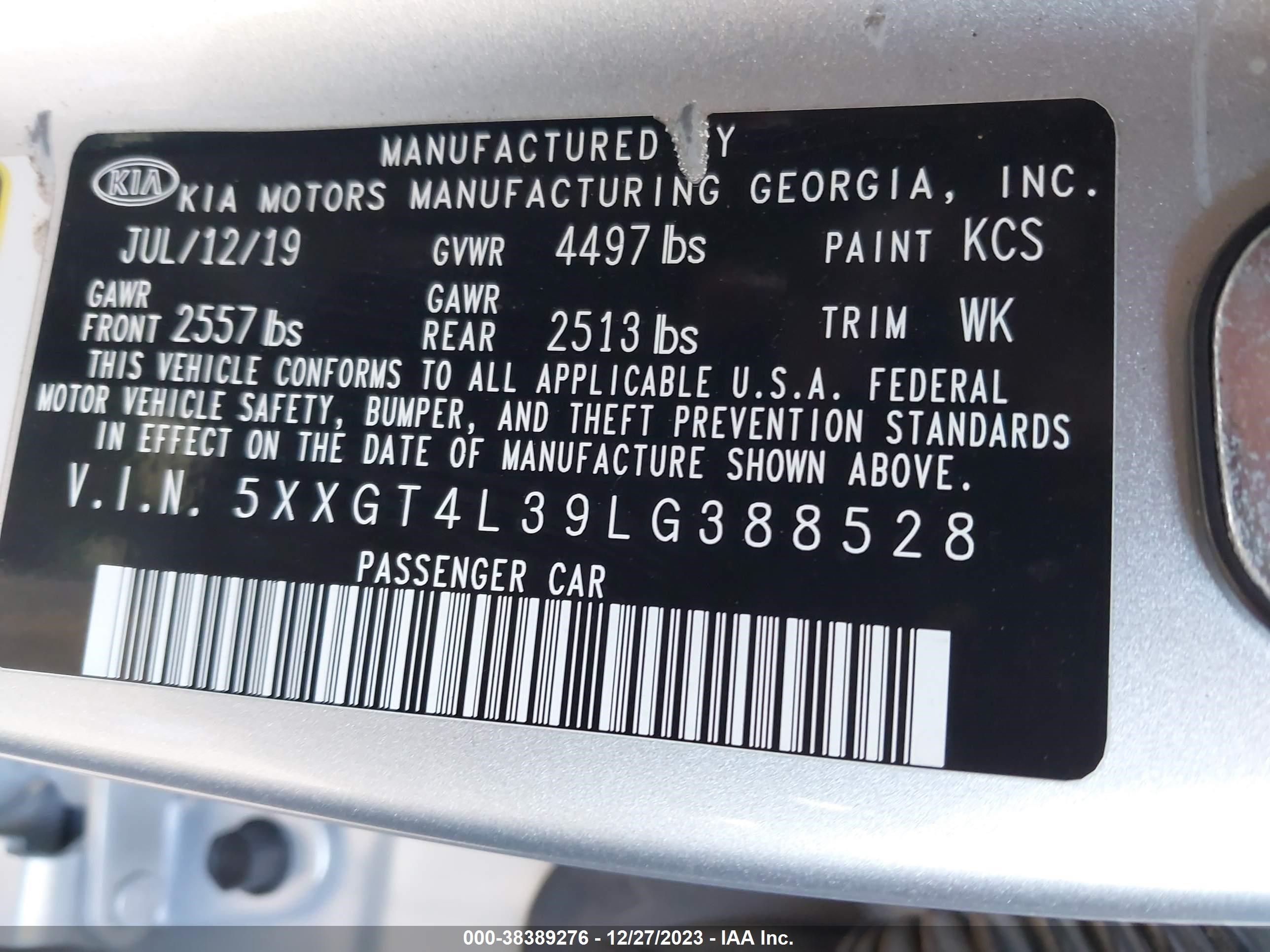 Photo 8 VIN: 5XXGT4L39LG388528 - KIA OPTIMA 