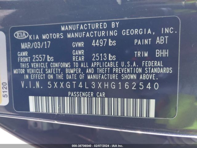 Photo 8 VIN: 5XXGT4L3XHG162540 - KIA OPTIMA 