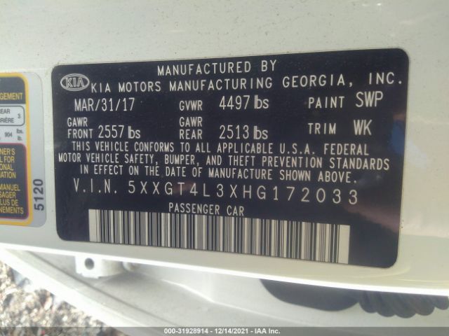 Photo 8 VIN: 5XXGT4L3XHG172033 - KIA OPTIMA 