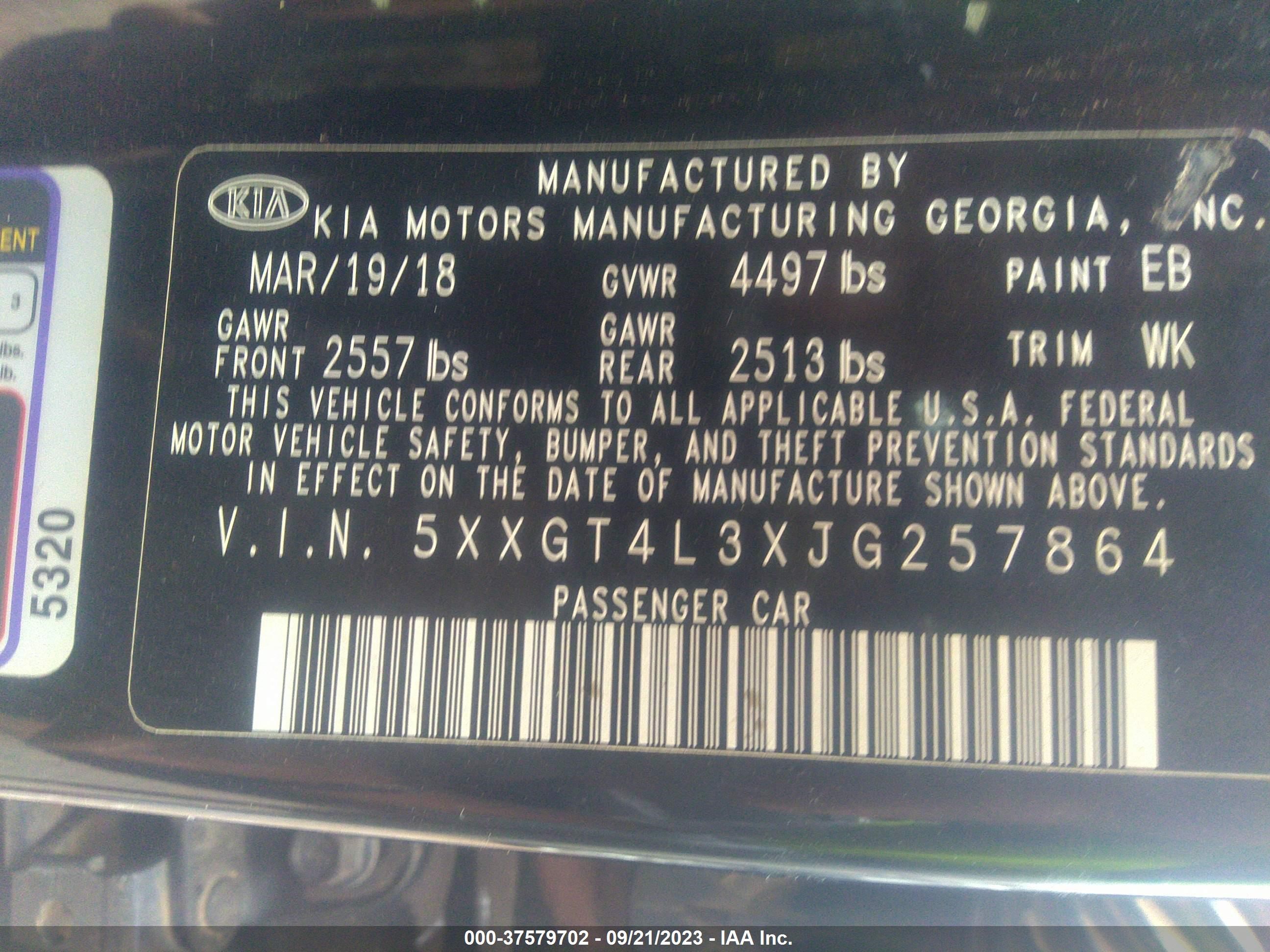 Photo 8 VIN: 5XXGT4L3XJG257864 - KIA OPTIMA 