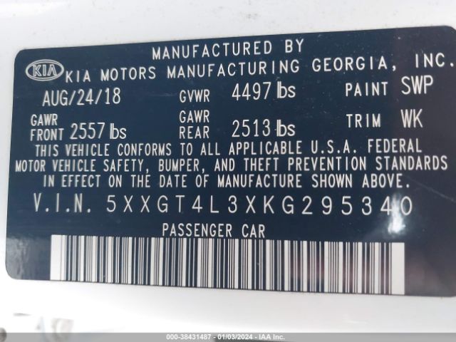 Photo 8 VIN: 5XXGT4L3XKG295340 - KIA OPTIMA 