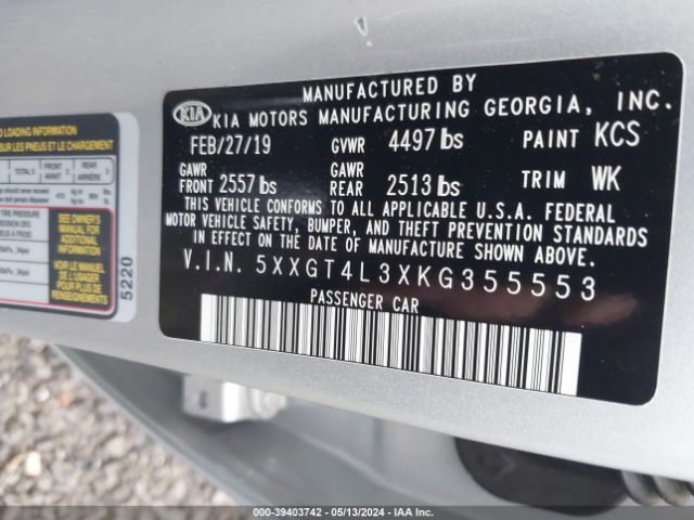 Photo 8 VIN: 5XXGT4L3XKG355553 - KIA OPTIMA 