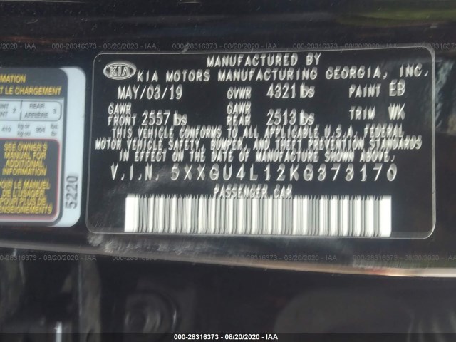 Photo 8 VIN: 5XXGU4L12KG373170 - KIA OPTIMA 