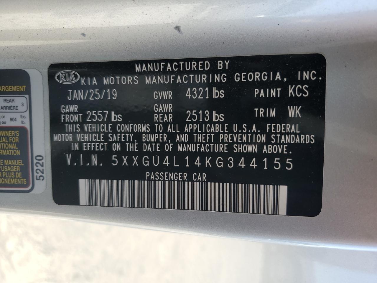 Photo 11 VIN: 5XXGU4L14KG344155 - KIA OPTIMA 