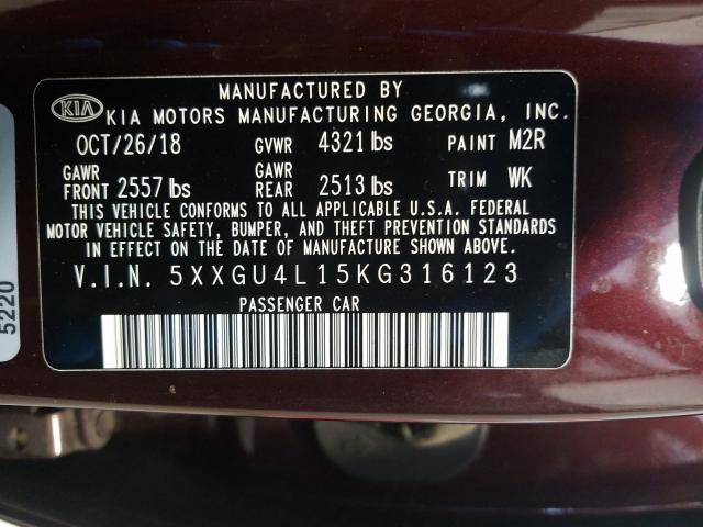 Photo 9 VIN: 5XXGU4L15KG316123 - KIA OPTIMA EX 