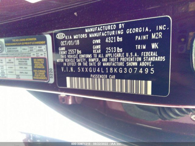 Photo 8 VIN: 5XXGU4L18KG307495 - KIA OPTIMA 