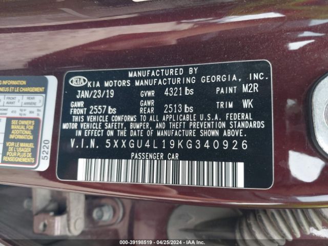 Photo 8 VIN: 5XXGU4L19KG340926 - KIA OPTIMA 