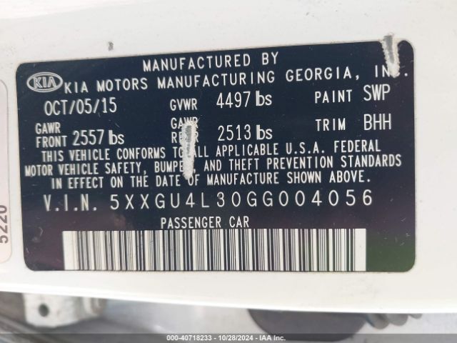 Photo 8 VIN: 5XXGU4L30GG004056 - KIA OPTIMA 