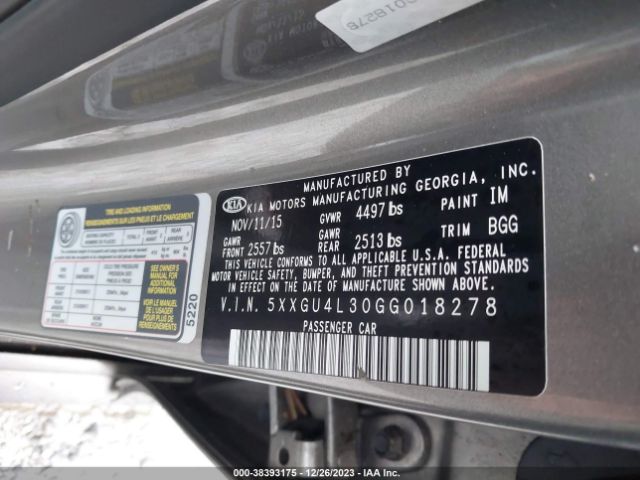 Photo 8 VIN: 5XXGU4L30GG018278 - KIA OPTIMA 