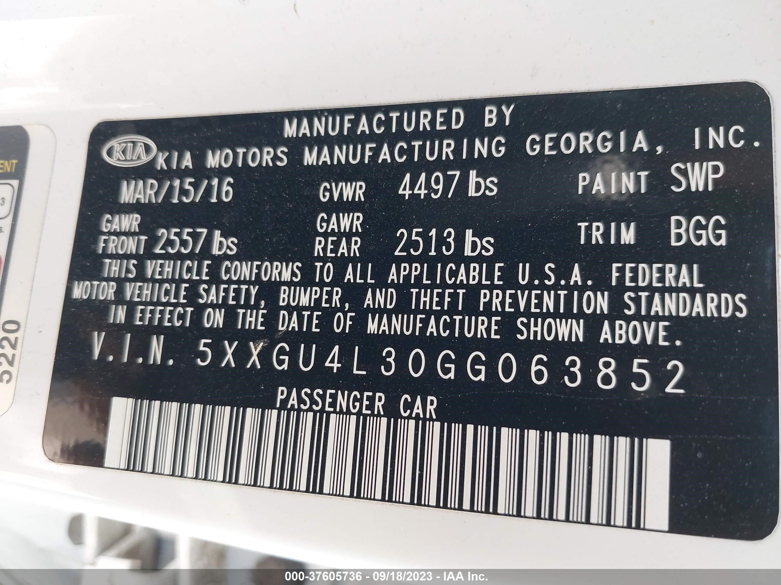 Photo 8 VIN: 5XXGU4L30GG063852 - KIA OPTIMA 