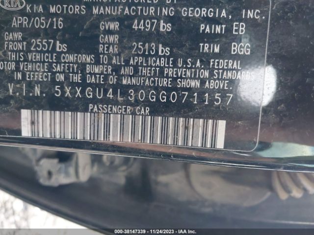 Photo 8 VIN: 5XXGU4L30GG071157 - KIA OPTIMA 