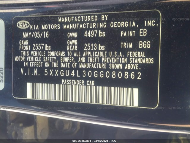 Photo 8 VIN: 5XXGU4L30GG080862 - KIA OPTIMA 