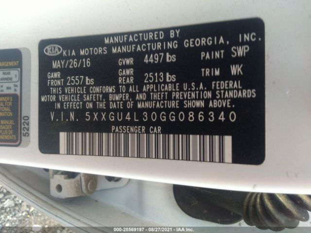 Photo 8 VIN: 5XXGU4L30GG086340 - KIA OPTIMA 