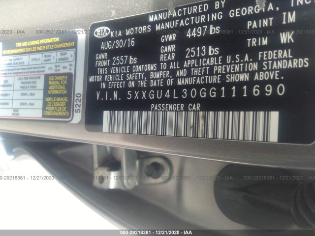 Photo 8 VIN: 5XXGU4L30GG111690 - KIA OPTIMA 