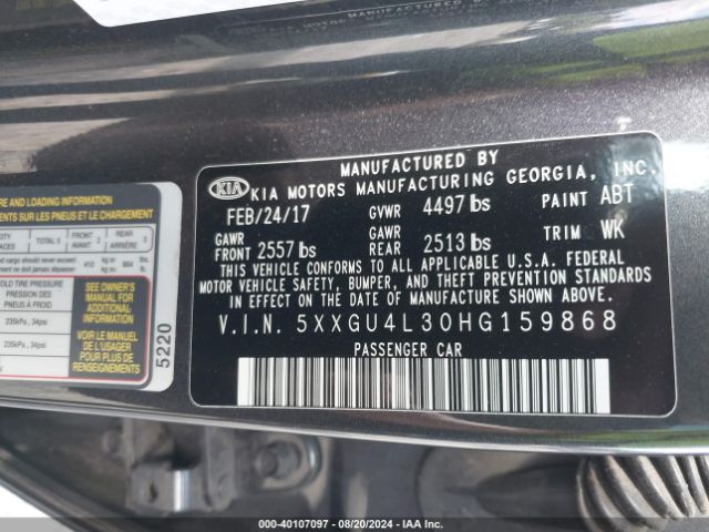 Photo 8 VIN: 5XXGU4L30HG159868 - KIA OPTIMA 