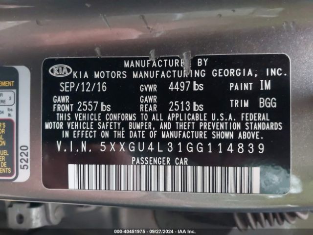 Photo 8 VIN: 5XXGU4L31GG114839 - KIA OPTIMA 