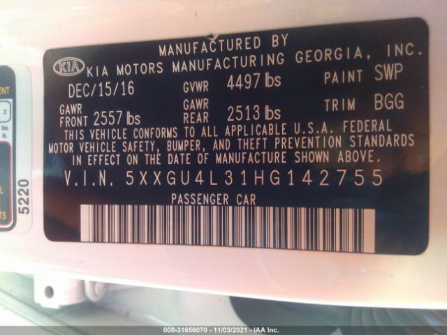 Photo 8 VIN: 5XXGU4L31HG142755 - KIA OPTIMA 