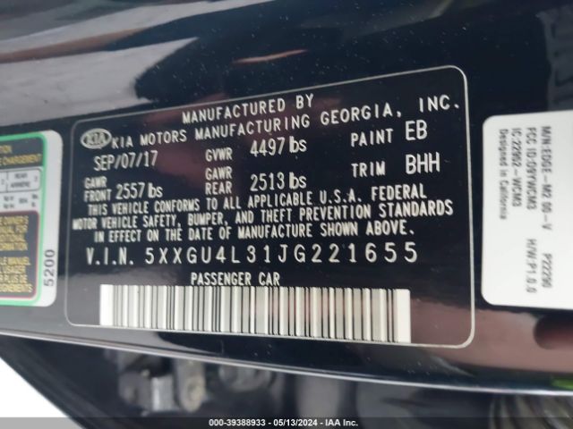 Photo 8 VIN: 5XXGU4L31JG221655 - KIA OPTIMA 