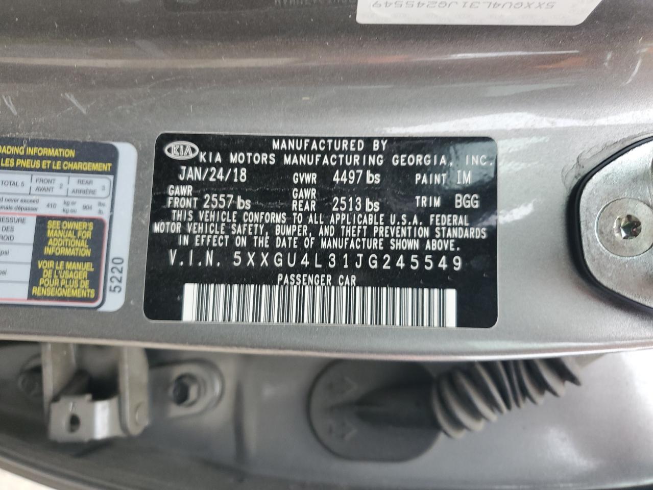 Photo 12 VIN: 5XXGU4L31JG245549 - KIA OPTIMA 