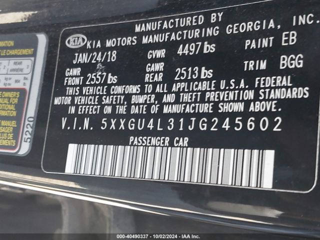 Photo 8 VIN: 5XXGU4L31JG245602 - KIA OPTIMA 