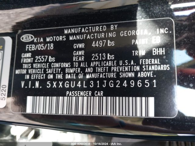 Photo 8 VIN: 5XXGU4L31JG249651 - KIA OPTIMA 