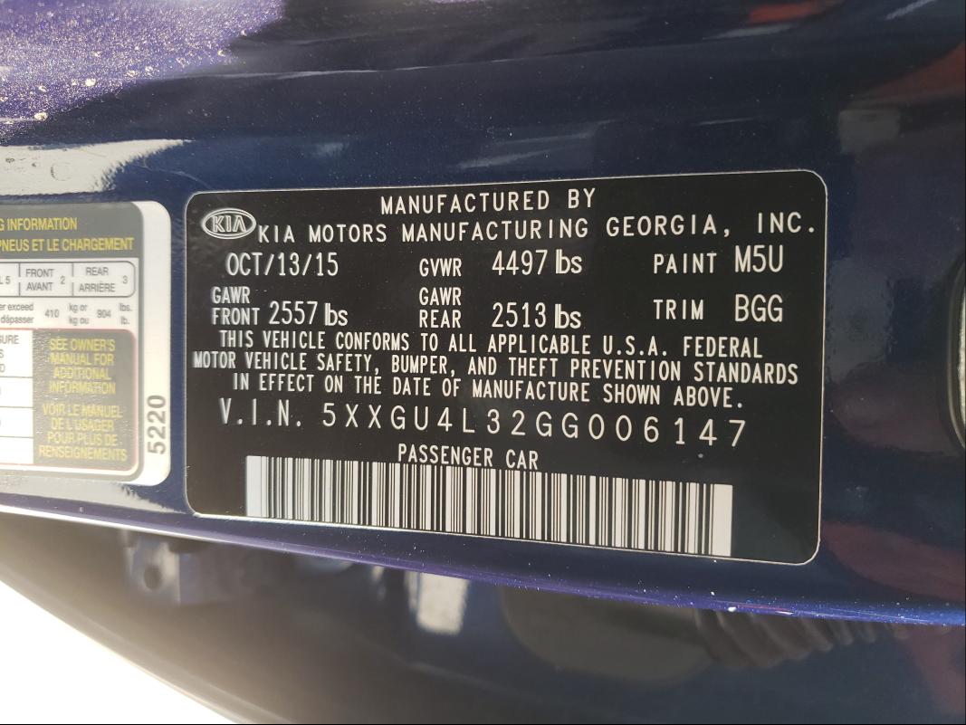 Photo 9 VIN: 5XXGU4L32GG006147 - KIA OPTIMA 