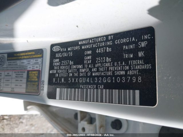 Photo 8 VIN: 5XXGU4L32GG103798 - KIA OPTIMA 