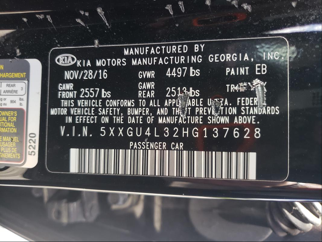 Photo 9 VIN: 5XXGU4L32HG137628 - KIA OPTIMA EX 