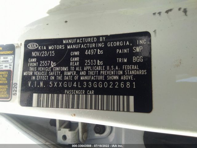 Photo 8 VIN: 5XXGU4L33GG022681 - KIA OPTIMA 