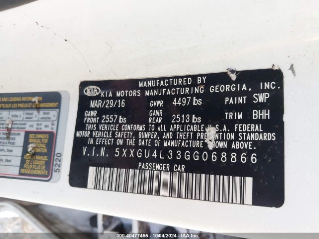 Photo 8 VIN: 5XXGU4L33GG068866 - KIA OPTIMA 