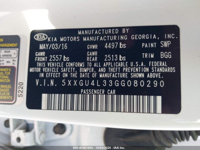 Photo 8 VIN: 5XXGU4L33GG080290 - KIA OPTIMA 