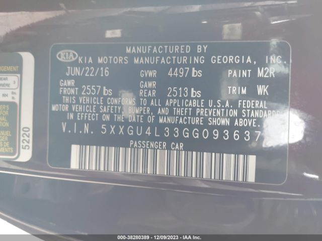 Photo 8 VIN: 5XXGU4L33GG093637 - KIA OPTIMA 