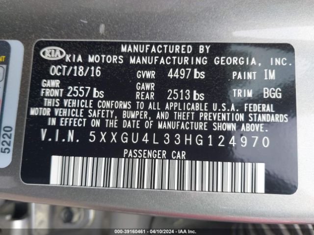 Photo 8 VIN: 5XXGU4L33HG124970 - KIA OPTIMA 